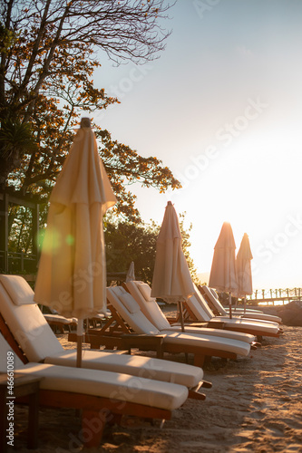 beach chairs and umbrellas