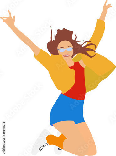 Chica saltando con los brazos hacia arriba y con gafas de sol. Fondo transparente