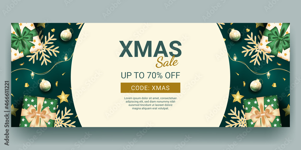 christmas sale banner with realistic green decoration