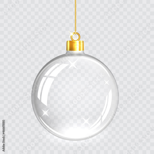 Christmas tree toy. Transparent glass Christmas ball hangs from a gold chain. Isolation on a checkered background