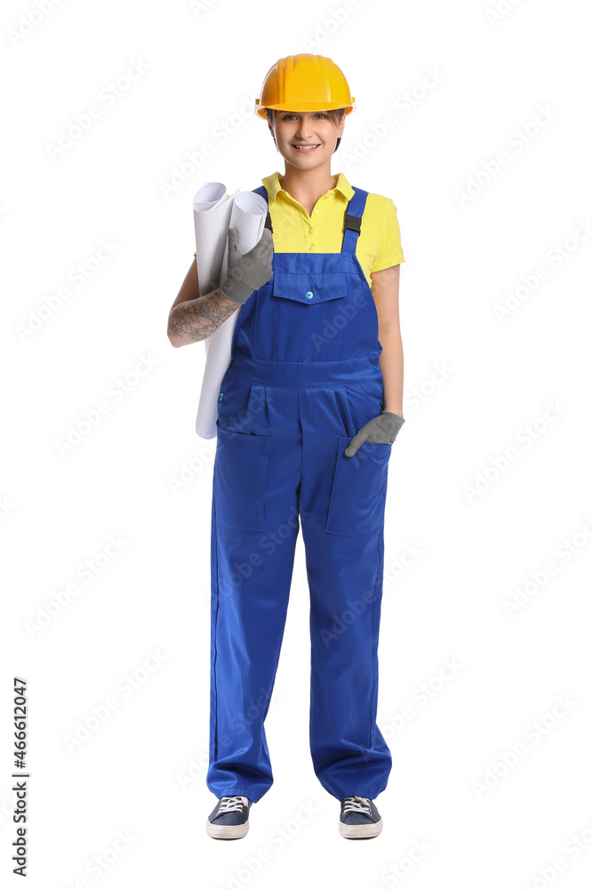 Female construction worker with rolls of paper on white background Female construction worker with rolls of paper on white background