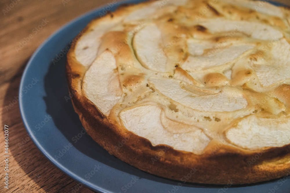 Close-up Apple Pie on a gray plate on a Brown Rustic Wooden Background Close-up Apple Pie on a gray plate on a Brown Rustic Wooden Background