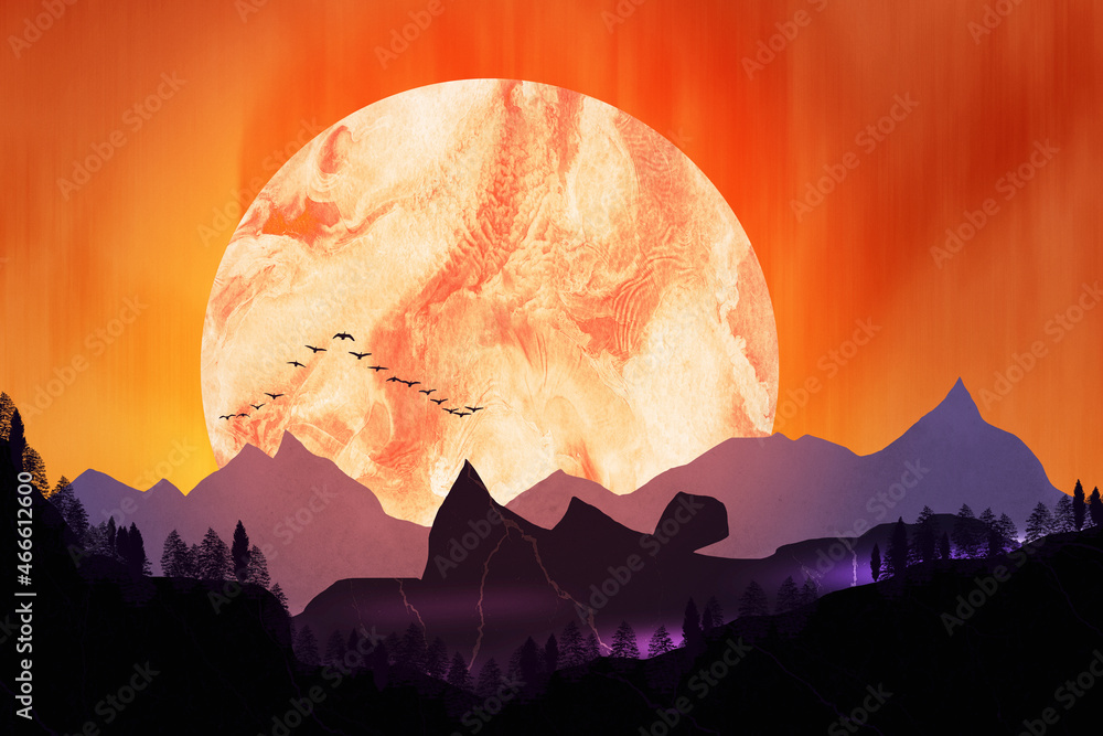 The red sunset by the mountains