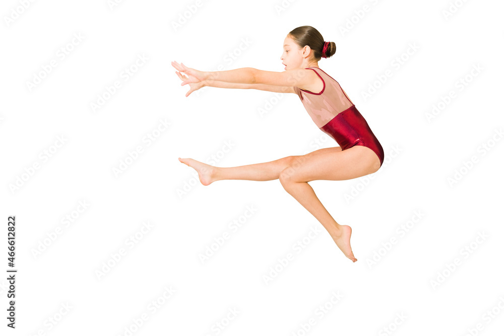 Preteen exercising against a white background
