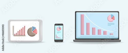 laptop, tablet, smartphone with charts and graphs 3d vector illustration design.