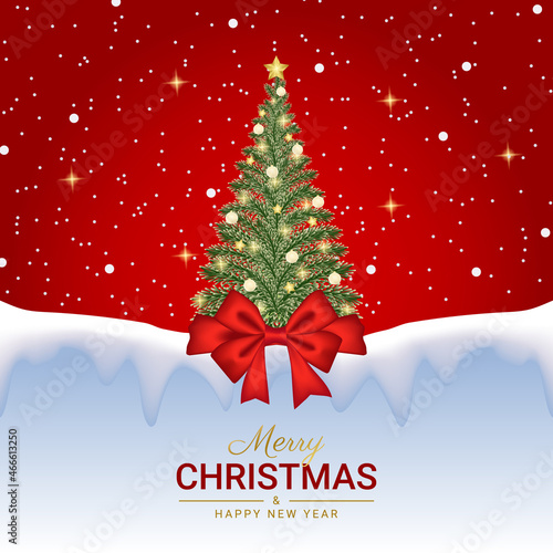 Merry Christmas and happy new year greeting card with realistic Christmas tree and red starry background