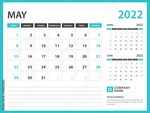 Monthly calendar template for 2022 year. May 2022 year, Calendar 2022 design vector, Week Starts on Sunday, Desk calendar 2022 design, Wall calendar, planner design, stationery, printing media