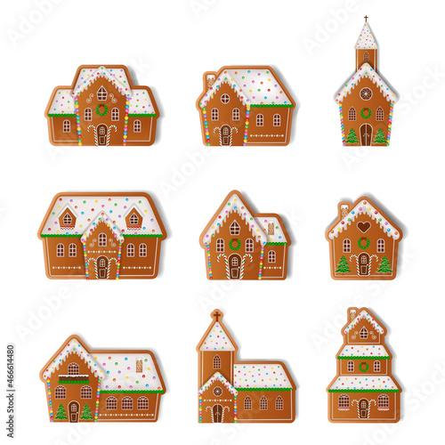 Set of isolated gingerbread houses and churches. christmas gingerbread cookies