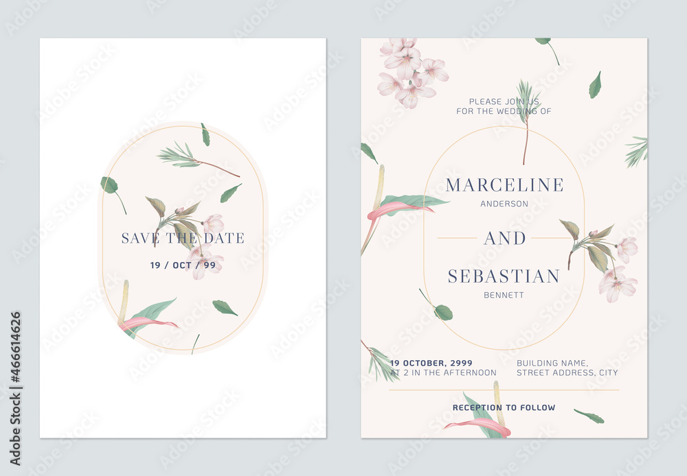 Floral wedding invitation card template design, Somei Yoshino sakura and Anthurium flowers on brown