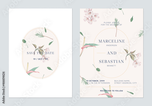 Floral wedding invitation card template design, Somei Yoshino sakura and Anthurium flowers on brown photo
