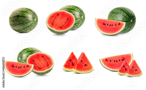 Set of watermelon whole and slices on white background.