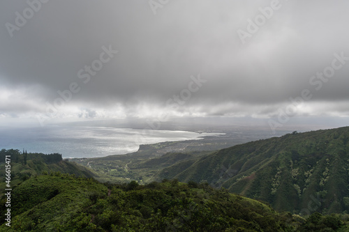 Scenic panoramic aerial view of the Maui north shore from the Waihee Ridge trail in early morning, Hawaii