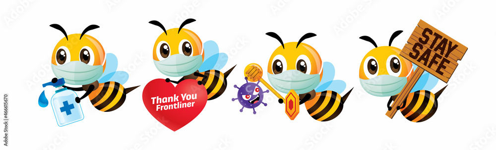 Stay healthy. Cartoon cute bee in set wearing protective mask and fight against coronavirus, bee thank you to frontliners, use hand sanitizer and holding stay safety signboard