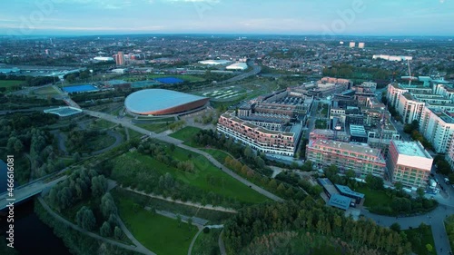 Lee Valley VeloPark  cycling centre on Queen Elizabeth Olympic Park Stratford East London aerial view pull back photo