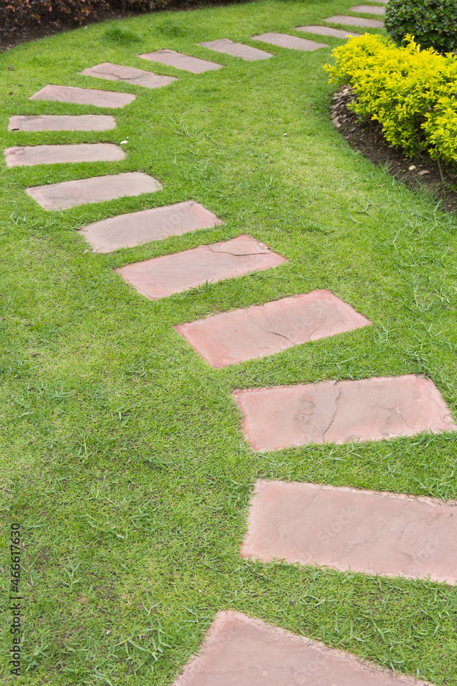 Stone footpath in lawn field Stone footpath in lawn field