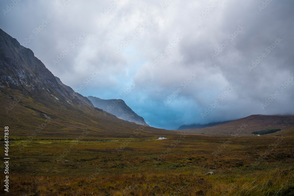 Scottish Highlands, Glencoe Swamp, Scotland Mountains with mist, Winter UK Scottish Highlands, Glencoe Swamp, Scotland Mountains with mist, Winter UK
