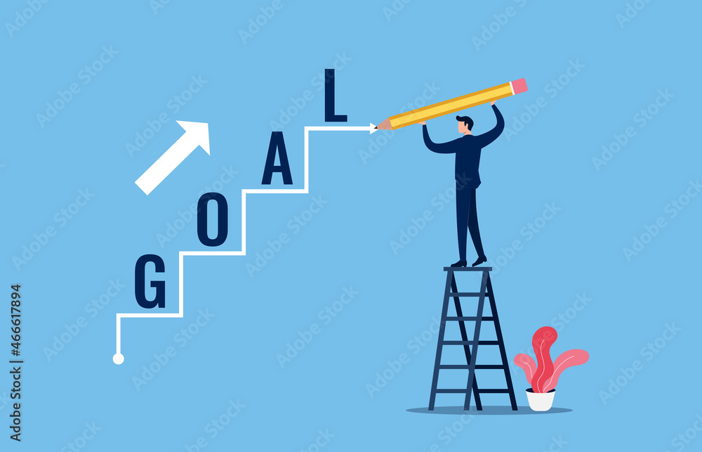 Businessman draw arrow line with text GOAL, steps to achieve goal concept Businessman draw arrow line with text GOAL, steps to achieve goal concept
