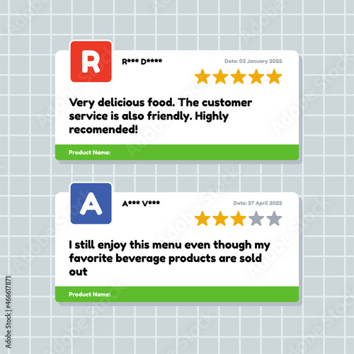 Users provide ratings, reviews and recommendations. Flat design customer testimonial template.