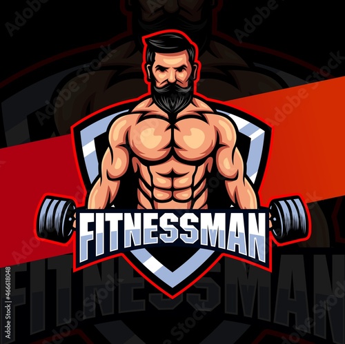 fitness man with strong muscle and barbell mascot logo concept for fitness and sport business design