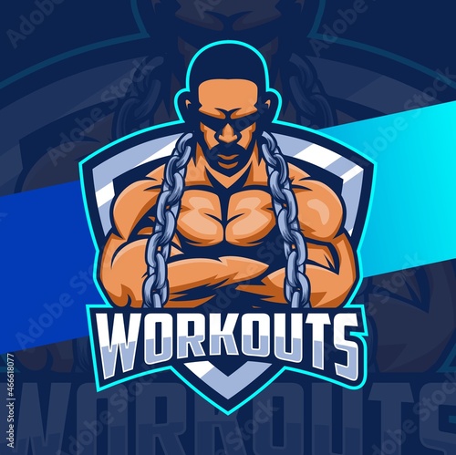 fitness man with strong muscle mascot logo concept for fitness and sport business design