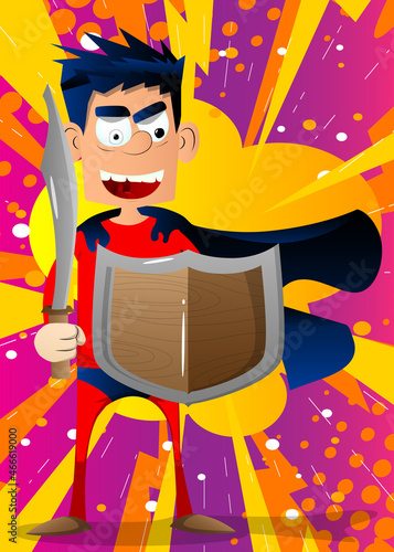 Funny cartoon man dressed as a superhero holding a sword and shield. Vector illustration.
