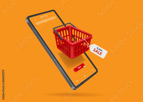 Flash sale promotion tag is hung from a red shopping basket floating on the smartphone screen and all floating in the air,vector 3d isolated on orange background for online shopping concept design