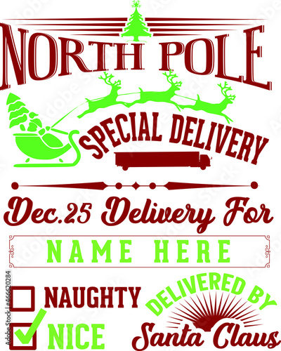 North pole special delivery vector. Santa sack Christmas design.