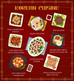 Korean cuisine vector menu fried shrimp with spinach, baked troutfish and beef bulgogi. Pork ribs in soy sauce dwaeji galbi, blood sausage sundae, braised beef ribs in radish pot galbi jjim Korea food