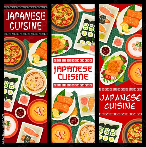 Japanese cuisine vector grilled salmon with teriyaki sauce, cucumber avocado sushi rolls or noodle pork stew. Salmon vegetable salad sake teriyaki, corn cream soup with crab and chicken food of Japan