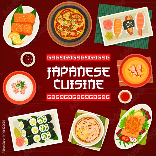 Japanese cuisine vector noodle pork stew or salmon salad sake teriyaki. Eel stew nabe, shrimp and salmon nigiri sushi, corn cream soup with crab and chicken, cucumber avocado sushi rolls Japan meals