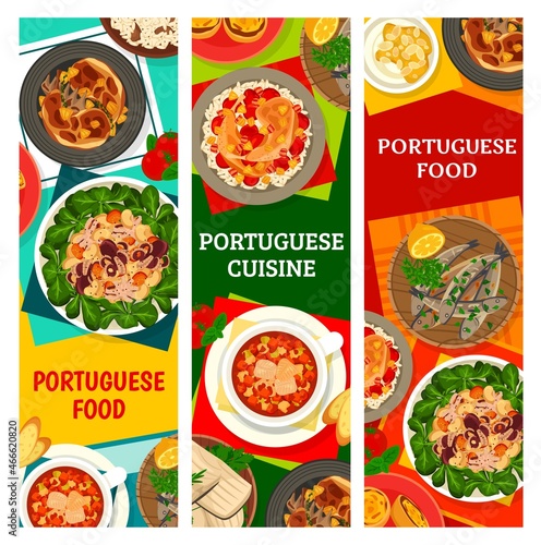 Portuguese cuisine meals, restaurant dishes banners. Octopus salad, custard tarts and grilled sardines, chicken with Piri Piri sauce, fried rabbit and cream from heaven dessert, salted cod vector