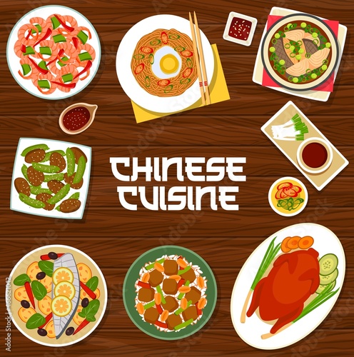 Chinese cuisine vector menu cover pork liver and green beans reba nira. Steamed mackerel fish with ginger, peking duck, kung pao shrimps and fried noodles with egg, tofu fried rice with peanuts meals