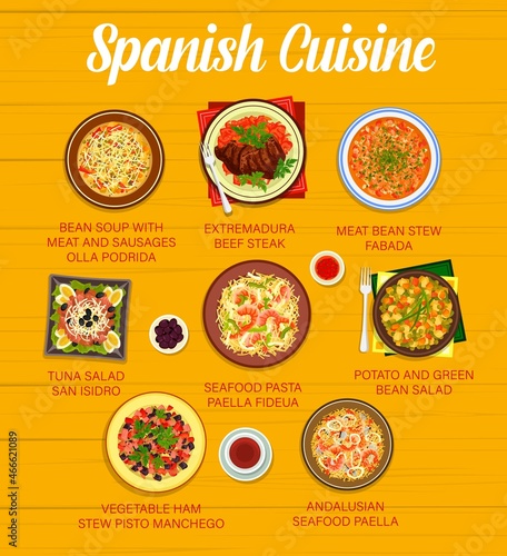 Spanish cuisine vector menu with restaurant dishes of seafood rice paella, vegetable fish salad and meat bean stew. Extremadura beef steak, potato salad, bean sausage soup and vegetable ham stew