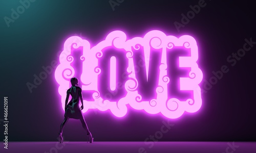 Neon shine love word and woman with backlight.
