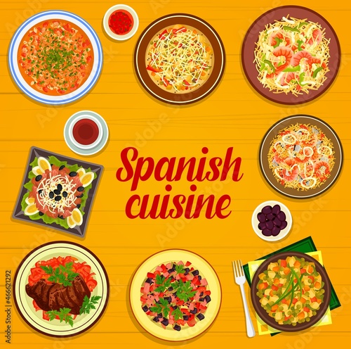 Spanish cuisine menu vector cover with frame of seafood, vegetable and meat dishes. Rice and pasta paella, extremadura beef steak, potato and tuna salads, sausage soup and veggie ham stew