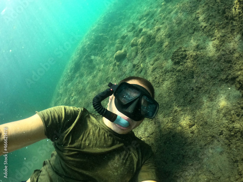 Fototapeta Naklejka Na Ścianę i Meble -  Underwater selfie.Mediterranian Sea. Marmaris,Turkey.