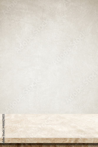 Empty brown cement table over cementwall background, banner, table top, shelf, counter design for product display montage