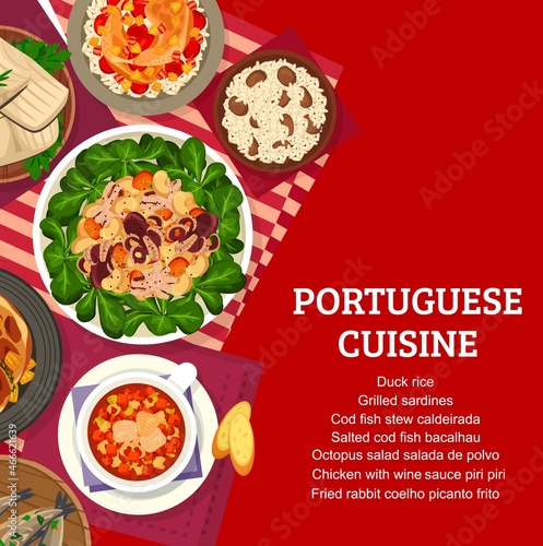 Portuguese cuisine restaurant seafood, meat meals menu cover. Fried rabbit coelho picanto frito, fish stew and cod Bacalhau, octopus salad, chicken with Piri Piri sauce and sardines, duck rice vector