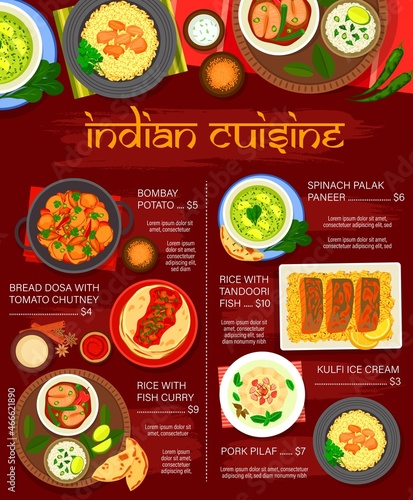 Indian cuisine vector menu with spice food of fish curry, rice and vegetables. Meat pilaf, spinach cheese palak paneer and tomato chutney with dosa bread, tandoori fish, bombay potato, kulfi ice cream