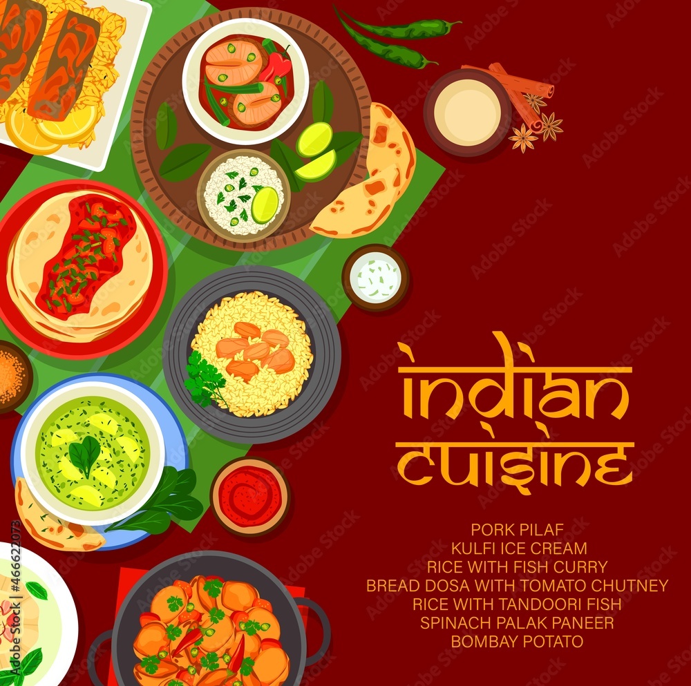 Indian Restaurant Menu Cover Of Vector Vegetable Food With Spice Fish