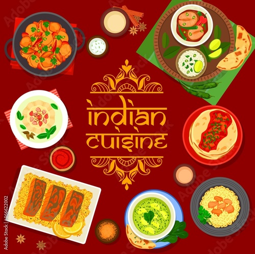Indian cuisine restaurant menu cover with vector frame of rice, fish curry, vegetables and meat pilaf. Flatbread with tomato chutney, spinach palak paneer and tandoori fish, ice cream, bombay potato