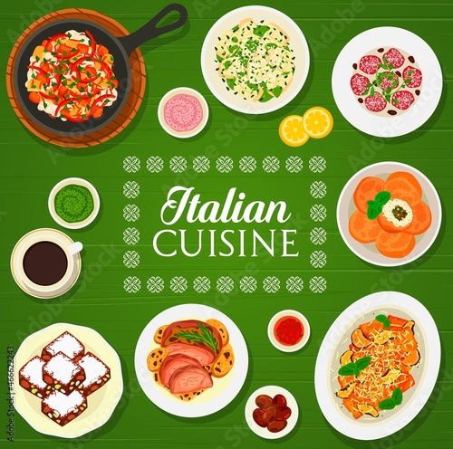 Italian cuisine vector menu cover with pasta, meat and vegetable dishes frame border. Rice arancini, gnocchi, paccheri and fagottini pasta with cheese, pesto and gremolata sauce, panforte and coffee