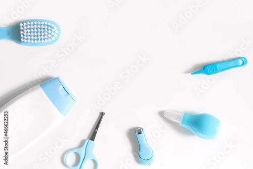 childhood and Childcare concept - Simple tools for baby, thermometer, aspirator nasal, Scissors,nail clippers, Medicine Dropper, baby nose cleaner