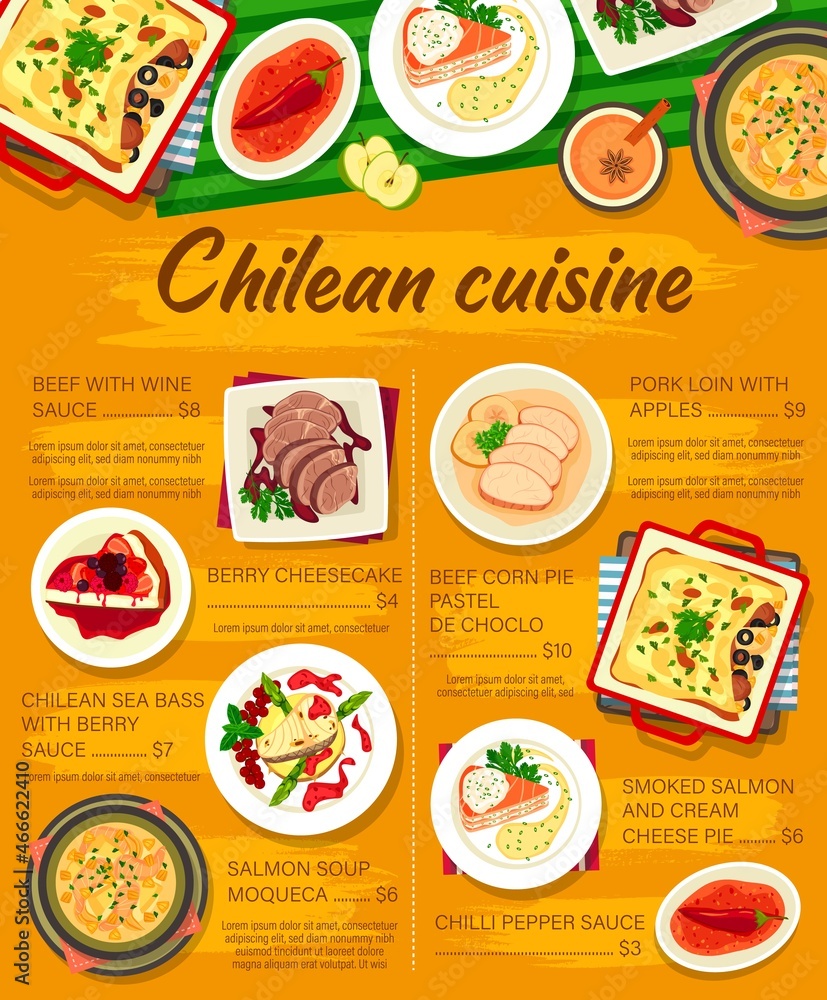 Chilean food dishes and meals, Chile cuisine restaurant lunch and dinner vector poster. Chilean traditional moqueca salmon soup, sea bass fish with berry sauce, pork loin with apples and cheesecake Chilean food dishes and meals, Chile cuisine restaurant lunch and dinner vector poster. Chilean traditional moqueca salmon soup, sea bass fish with berry sauce, pork loin with apples and cheesecake