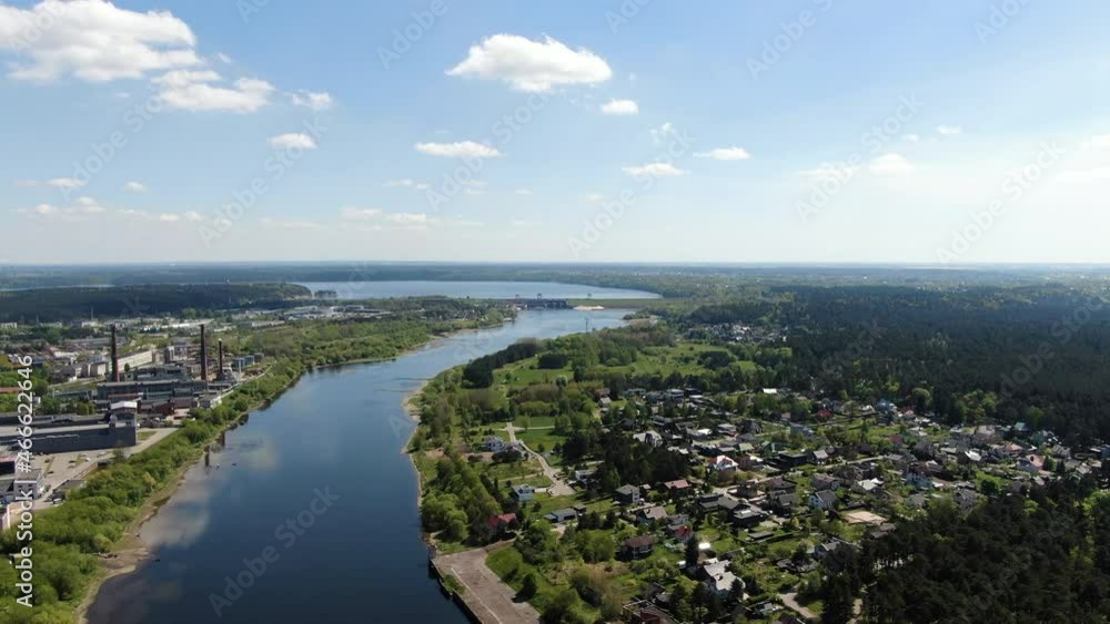 Nemunas river and Panemune town with view of Kaunas HES, aerial drone view Nemunas river and Panemune town with view of Kaunas HES, aerial drone view