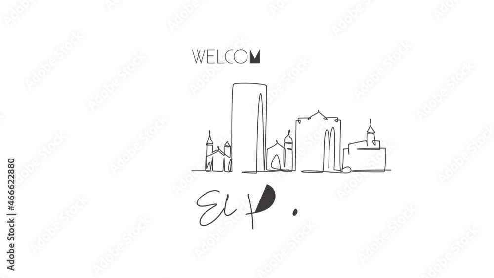 Animation of one line drawing of El Paso city skyline, Texas. Historical town landscape. Best holiday destination home wall art decor poster. Continuous line self draw animated. Full length motion. Animation of one line drawing of El Paso city skyline, Texas. Historical town landscape. Best holiday destination home wall art decor poster. Continuous line self draw animated. Full length motion.