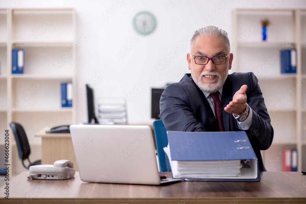 Old male employee working in the office Old male employee working in the office