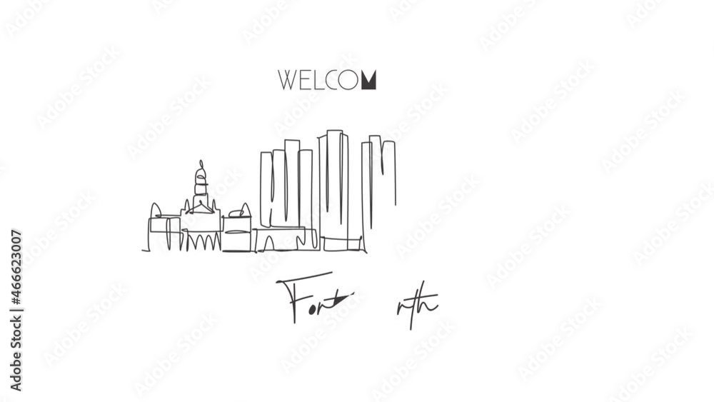 Animated self drawing of continuous line draw Fort Worth city skyline, United States of America. Famous landscape. World travel concept wall decor poster print art. Full length one line animation. Animated self drawing of continuous line draw Fort Worth city skyline, United States of America. Famous landscape. World travel concept wall decor poster print art. Full length one line animation.