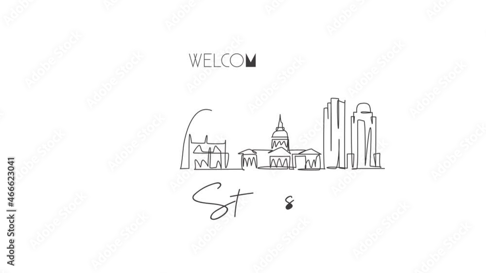 Animation of one line drawing of St. Louis city skyline, USA. Historical town landscape in the world. Best holiday destination poster. Editable continuous line self draw animated. Full length motion. Animation of one line drawing of St. Louis city skyline, USA. Historical town landscape in the world. Best holiday destination poster. Editable continuous line self draw animated. Full length motion.