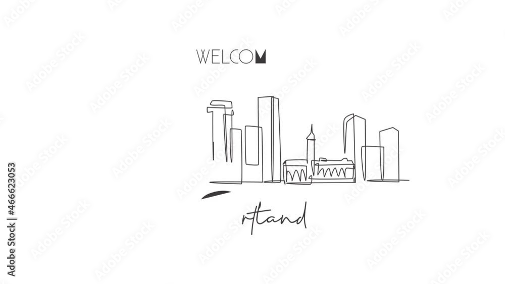 Animated self drawing of continuous line draw Portland city skyline, USA. Famous city scraper and landscape. World travel concept home wall decor art poster print. Full length one line animation.